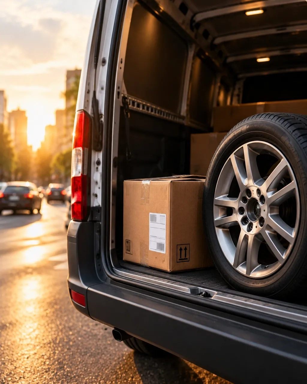 Courier loading a car wheel and automotive parts for delivery