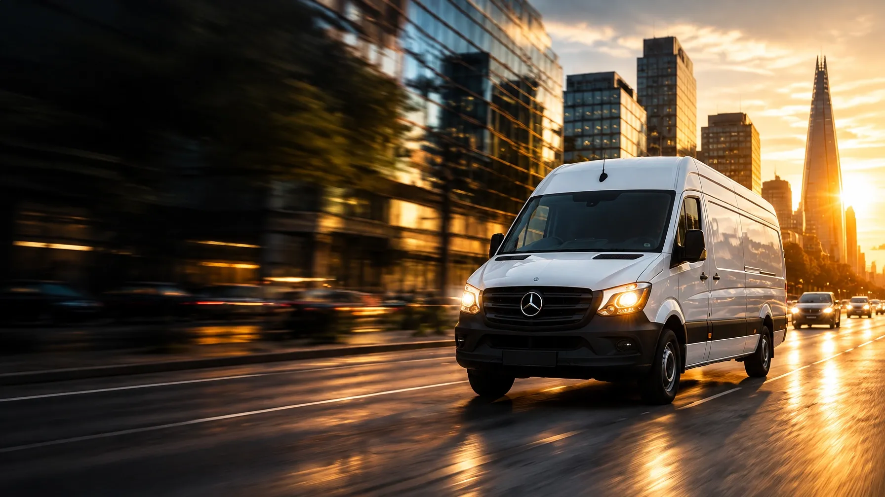 White courier van driving through a city at sunset for same-day delivery